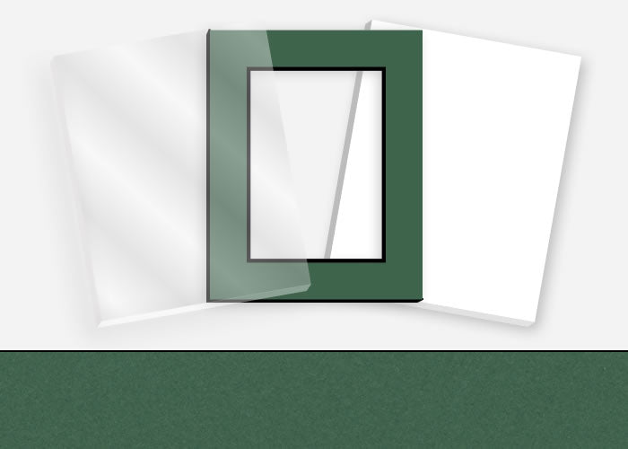 Standard Pkg 156: Acrylic, Foamboard, and Mat #C6988 (Williamsburg Green w/ Black Core) with 2 inch Border